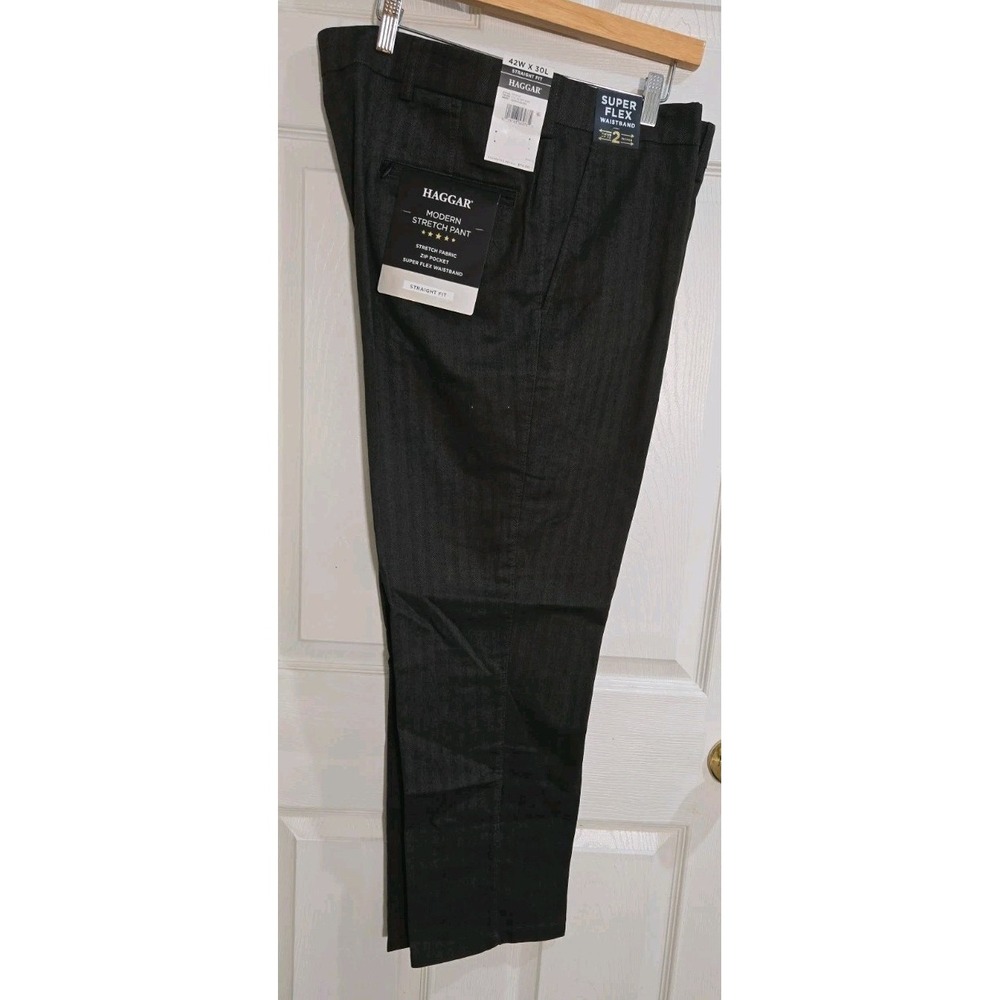 Haggar Dress Pants 42x30 Stretch Fabric Flex Waistband Green Straight Fit NEW